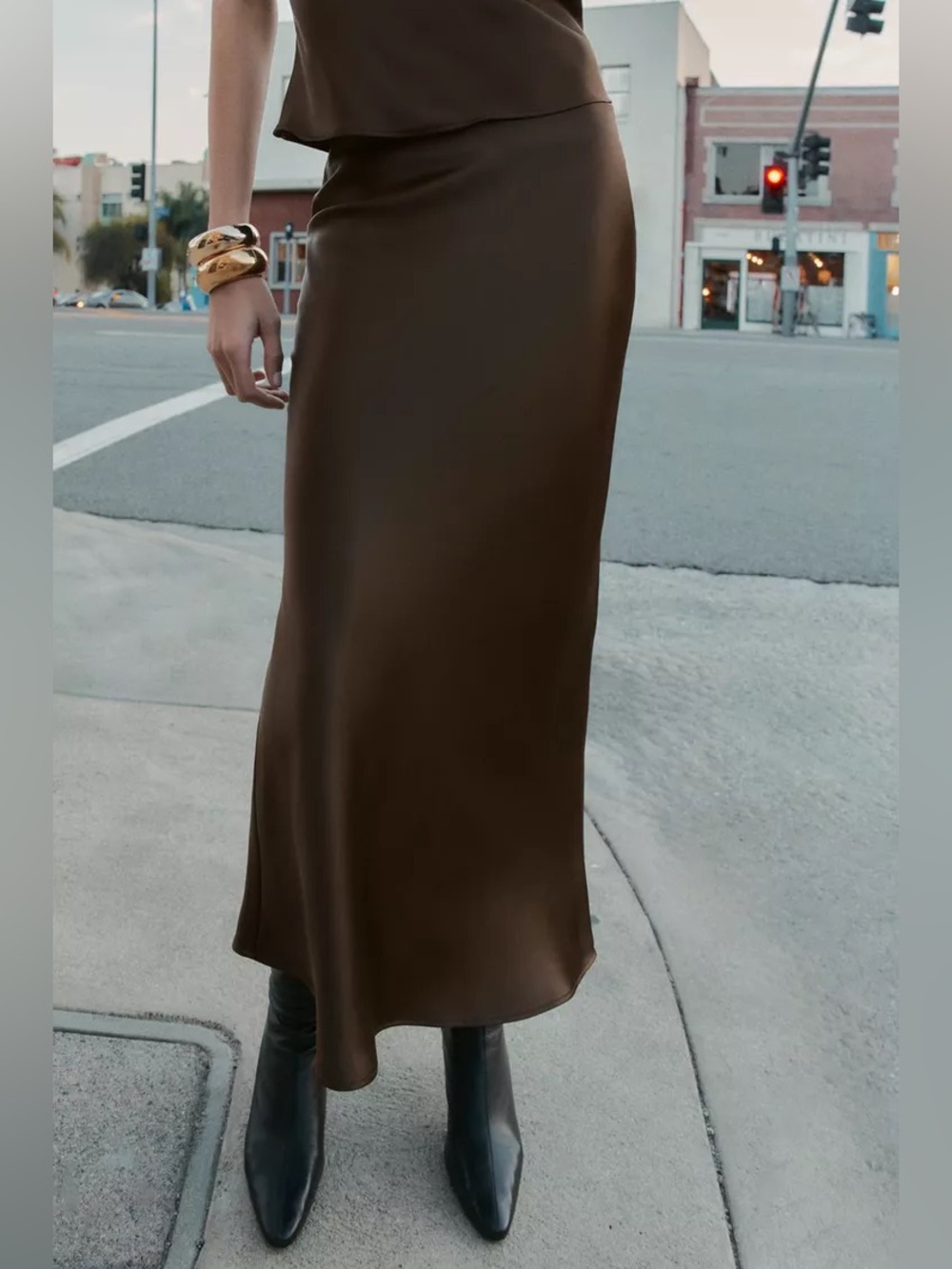 ZARA Brown Midi/Maxi Satin Skirt- Small